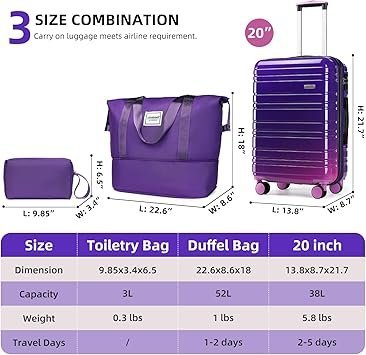 LARVENDER Luggage Sets 3 Piece 20 cm Carry on Luggage 22x14x9 Airline Approved Hardside PCABS Suitcase Set with Spinner Wheels TSA Lock Lightweight Luggage Set for Women Midnight Berry