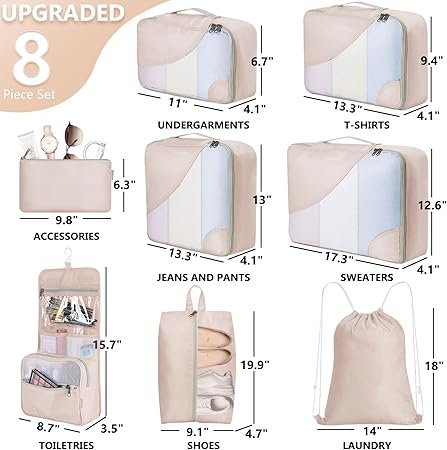 10 Set8 Set Packing Cubes for Travel Gifts for Women MomAntiTearing Suitcase Organizer for Luggage with Shoe Hanging Toiletry BagOlarHike Vacation Essentials Accessories for Cruise ShipCream